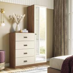Cômoda 4 Gavetas 1 Porta Estilo com Espelho Jatobá/Areia