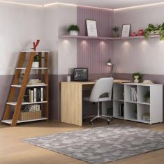 Conjunto Home Office com Escrivaninha em L com 8 Nichos e Estante Escada Organizadora Branco com carvalho e freijó