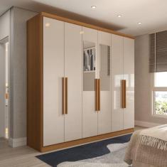 Guarda-Roupa Casal Mykonos 6 Portas 2 Gavetas com Espelho Cinamomo/Off White - Panorama Móveis