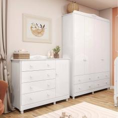 Quarto Infantil com Guarda Roupa 4 Portas e Cômoda 1 Porta 100% MDF Maya Clássico Espresso Móveis Branco Brilho