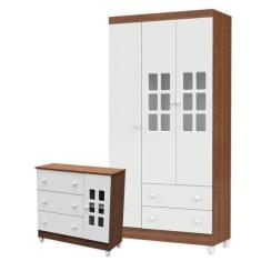 Cômoda Infantil e Guarda Roupa 3 Portas Mariah Branco Acetinado Amadei