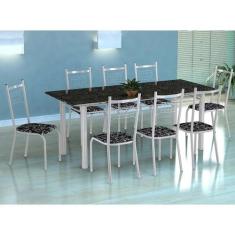 Conjunto de Mesa Cordoba com 8 Cadeiras Lisboa Branco e Preto Floral -