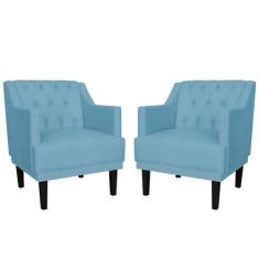 Combo 02 Poltronas Decorativas Clássica Pés Trapézio Suede Azul Turque