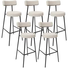 Kit 05 Banquetas Altas Cozinha Bar Sala De Jantar Em Aço Milão L02 Bouclê Creme - Lyam Decor