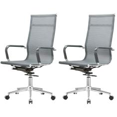 Kit 2 Cadeiras Giratória Office Sydney Presidente Fratini Tela Cinza Base Aço Cromado