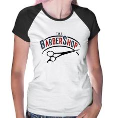 Baby Look Raglan The Barber Shop - Foca na Moda, Branco, Preto, G