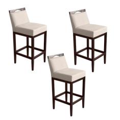 Kit 3 Banquetas Alta Lyara em Madeira Maciça com Encosto Estofada