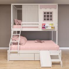 Beliche Casinha Reta Casal/ Solteiro com 02 Gavetas Escorregador e Cortina Madeira Maciça Branco/ Rosa Housin