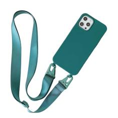 Capa de silicone fosco com alça de colar crossbody para iPhone 15 14 Pro Max 11 12 13 Mini XR X XS 7 8 Plus SE Capa à prova de choque, verde escuro, para iPhone 15 Plus