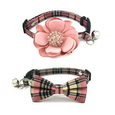 PETFAVORITES Coleira de flor para cães e gatos pequenos - pacote com 2 coleiras fofas florais e xadrez com gravata borboleta de remoção e pingente de flor cravejado de pistilo de cristal de luxo