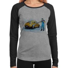 Baby Look Raglan Lava Jato Manga Longa - Foca na Moda, Cinza, Preto, G