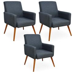 Kit 03 Poltronas Decorativas Para Sala de Estar Maria W01 Linho Chumbo - Lyam Decor