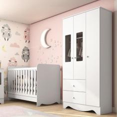 Quarto de Bebê com Berço Americano 3 em 1 e Guarda Roupa 3 Portas com Janela Ben Móveis Peroba Branco Brilho