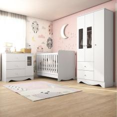 Quarto de Bebê Completo com Guarda Roupa e Cômoda com Janelas e Berço Americano Ben Móveis Peroba Branco Brilho