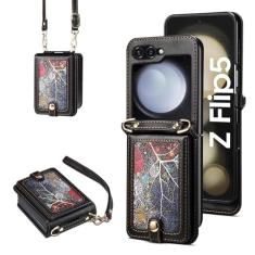 Capa carteira compatível com Samsung Galaxy Z Flip 5 5G 2023 e alça de pulso transversal com cordão suporte de cartão de crédito de couro luxuoso à prova de choque ZFlip5 Z5 G Flip5 5Z capa de