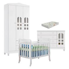 Quarto de Bebê New Selena 3 Portas com Berço Lila e Cômoda Gran Selena Branco Brilho e Colchão Gazin – Carolina Móveis