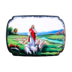 Quadro Mesa Colecionável Jesus Cristo Ovelhas Campo 20x14cm