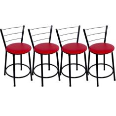 Kit 4 Banquetas Baixas Preta com Encosto Assento Vermelho
