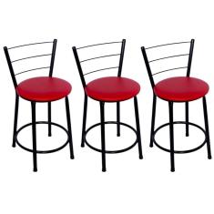 Kit 3 Banquetas Baixas Preta com Encosto Assento Vermelho