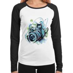 Baby Look Raglan Câmera Fotográfica Manga Longa - Foca na Moda, Branco