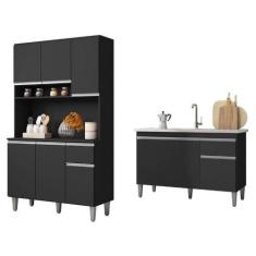 Balcão De Pia Tatiane 120 Cm E Armário Cozinha Kit Márcia Preto Fosco 