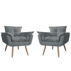 Combo 02 Poltronas Decorativa Opalla Pés Palito Suede Cinza - DS Estof