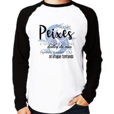 Camiseta Raglan Sou de Peixes Manga Longa - Foca na Moda, Branco, Pret