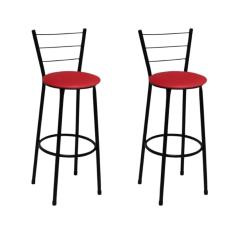 Kit 2 Banquetas Altas Preta com Encosto Assento Vermelho