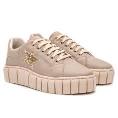 Tênis Feminino Casual Branco Plataforma Sola Alta Estrela Strass Confo