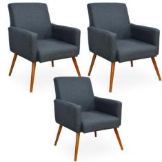 Kit 03 Poltronas Decorativas Para Sala de Estar Maria Linho Chumbo - L