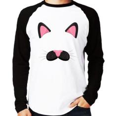 Camiseta Raglan Gatinha Orelhinha Manga Longa - Foca na Moda, Branco, 