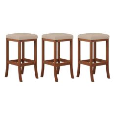 Kit 3 Banquetas Alta Estofada Barcelona 38x74Cm Bancada Bar Madeira Maciça Castanho Suede Bege - CCS