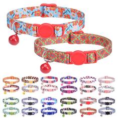 DILLYBUD Coleiras de gato para meninas, meninos e gatos, coleira de gatinho personalizada com vários padrões, pacote com 2, fivelas e sinos de segurança clássicos, ajustável, estampado, de nylon colorido rosa