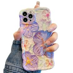UEEBAI Capa de flor para iPhone 13 Pro, capa de telefone feminina com pintura a óleo retrô colorida linda estampa brilhante capa ondulada fofa floral brilhante para mulheres e meninas, roxo e branco