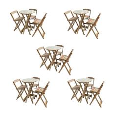 Kit 5 Jogos de Mesas Bistrô de Madeira Dobrável com 3 Banquetas - Crua
