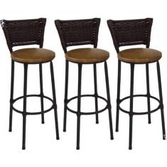 Kit 3 Banquetas Altas Preta com Encosto Junco Argila Assento Marrom - 