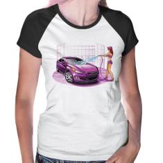 Baby Look Raglan Lava Jato Carro Roxo - Foca na Moda, Branco, Preto, P