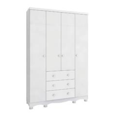 Guarda Roupa de Bebê 4 Portas 3 Gavetas Junior Móveis Peroba Branco Brilho