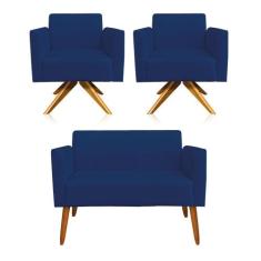 Kit 01 Namoradeira e 02 Poltronas Marisa Suede Base Giratória Madeira 