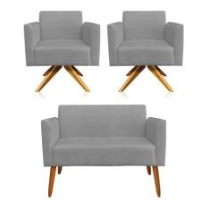 Kit 01 Namoradeira e 02 Poltronas Marisa Suede Base Giratória Madeira 