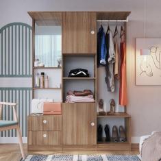 Guarda Roupa Armário Roupeiro Solteiro Espelho 2 Portas 2 Gavetas Cabideiro Quarto Marrom Madeira