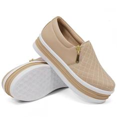 Tênis Feminino Slip On Sola Alta Calce Fácil Zíper Lateral