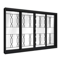Janela de Aço de Correr Central com Grade Mosaico 4 Folhas 120x150cm Aço Pronto Riobras Preto