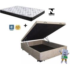 Cama Baú Casal Bege Suede + Colchão Espuma D23 138x188x10