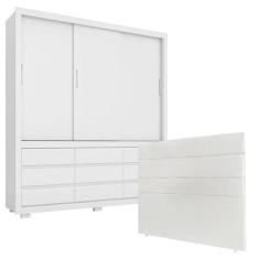 Quarto de Casal Guarda Roupa Detroit Branco Brilho e Cabeceira Bia 160 cm Branco – Demobile