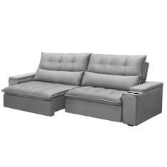 Sofá Retrátil e Reclinável 4 Lugares 250cm Robem Porta Copos no Braço Veludo Cinza G22 - Gran Belo