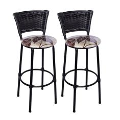 Kit 2 Banquetas Altas Preta com Encosto Junco Preto Assento Floral Marrom