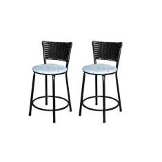 Jogo 2 Banqueta Baixa Para Cozinha Ratan Preta Estofado Floral - Lamar