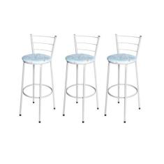 Jogo 3 Banqueta Alta Para Cozinha Epoxi Branca Estofado Floral - Lamar