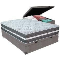Cama Box Baú Cinza e Colchão Black Graphite Molas Ensacadas Casal Anjos